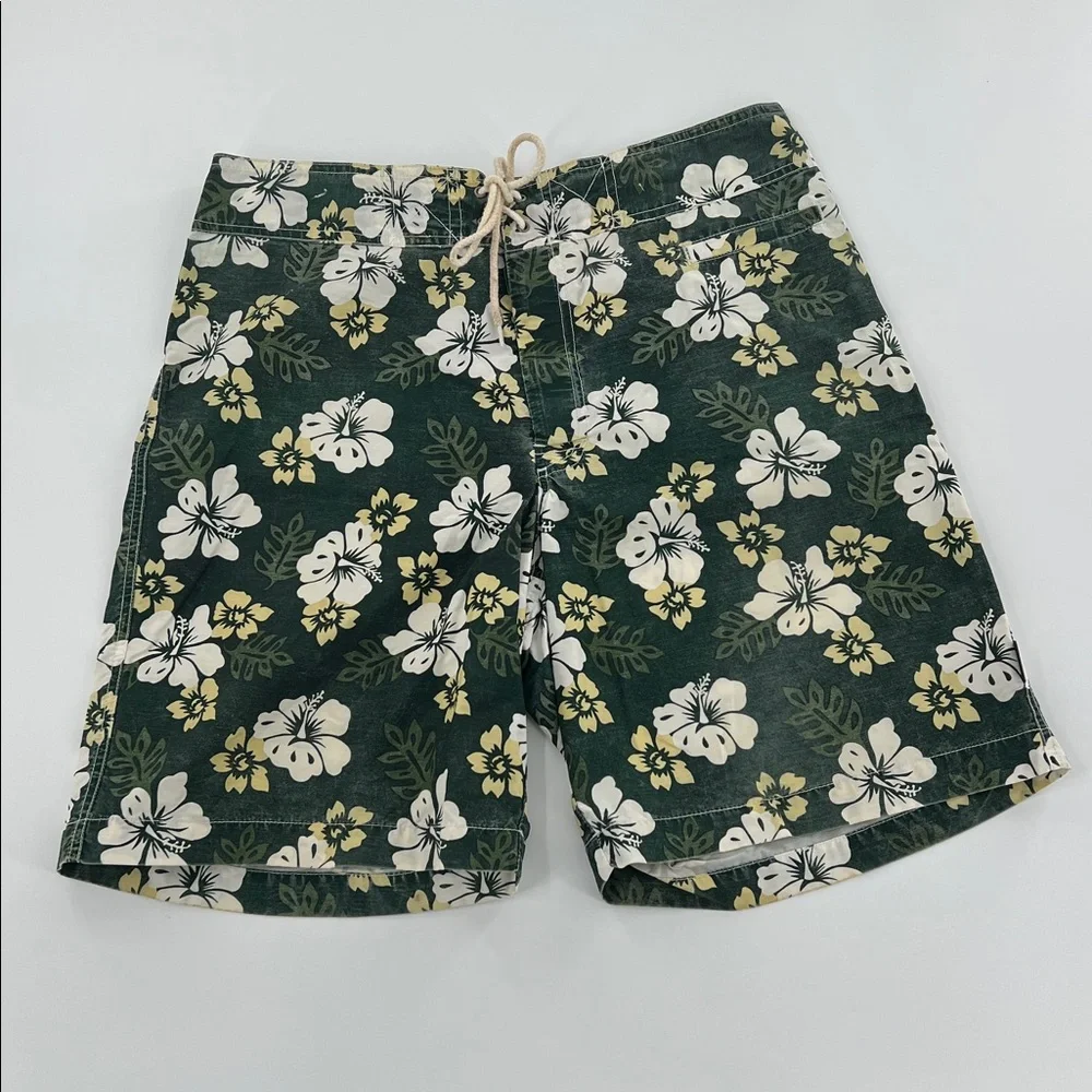 Vintage J. Crew Dark Green Floral Swim Shorts beach tropical Velcro 32